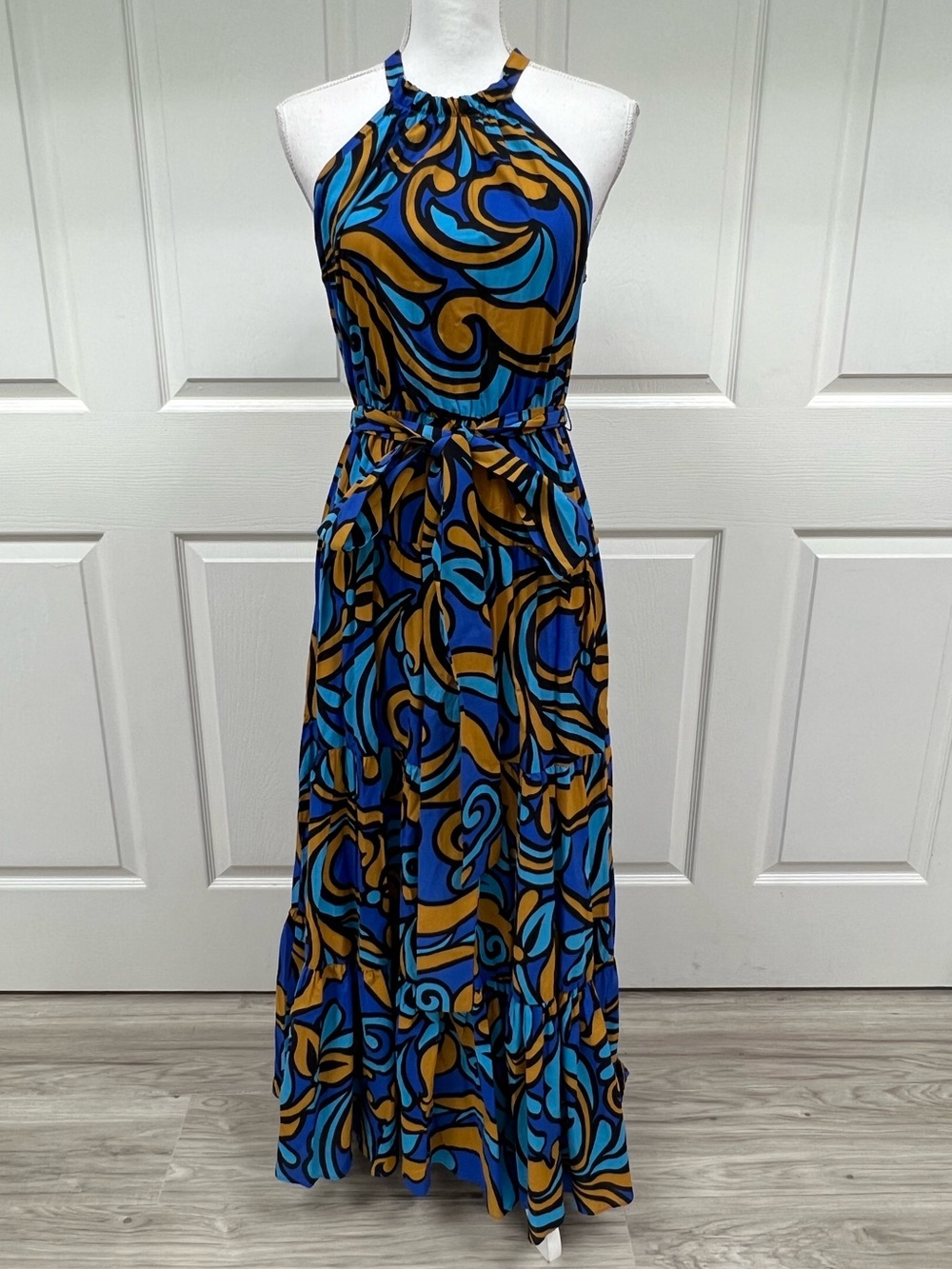 Zara Printed Halter Maxi Dress in Blue Orange Size S NWT - Picture 1 of 13